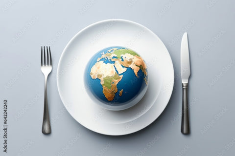 Image of planet Earth on a white plate. On either side of the place is a knife and fork. These items are on a light blue backdrop.