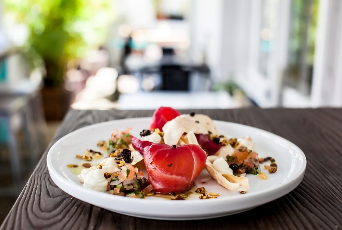 Papadum Preach: Sean's magic beetroot cured salmon, puffed spiced spelt, soaked currants, kachamber, lemon labne, papadums.