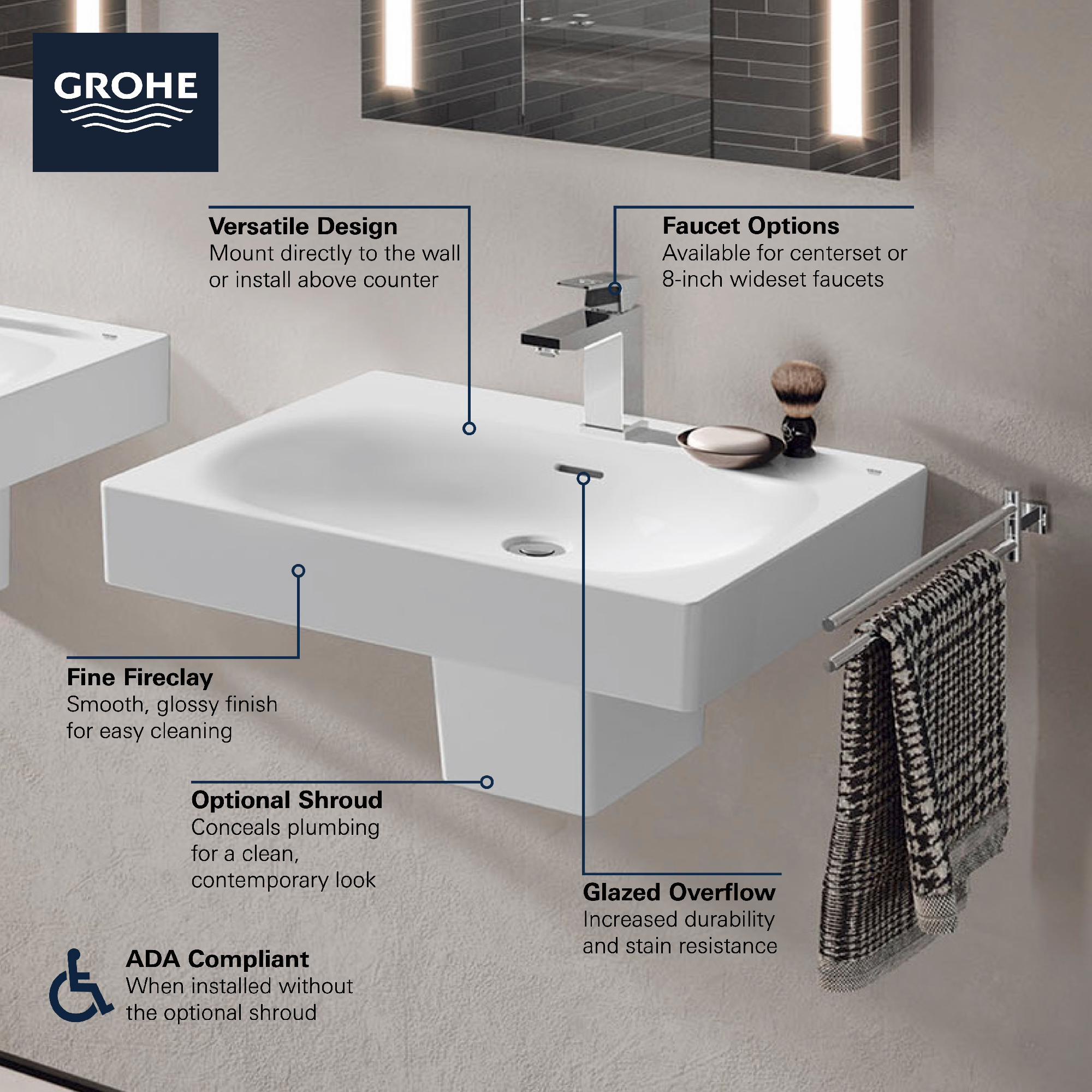Eurocube Widespread Wall Mount Bathroom Sink - Alpine White 39655000 Grohe - Image 4