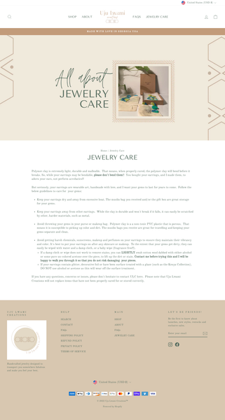 Portoflio Snapshot - Uju Lwami Shopify Website Jewelry Care