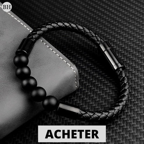 bracelet en cuir tissé et en perles noir avec fermoir magnétique 