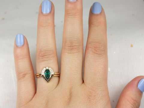Oana 8x5mm & Venus 14kt Gold Green Emerald Diamonds Sapphire Pear Bezel Crescent Unique Half Halo Bridal Set