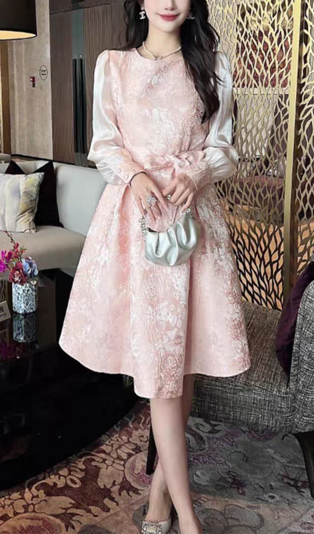 JACQUARD PRINT FULL HEM MIDI DRESS IN PINK