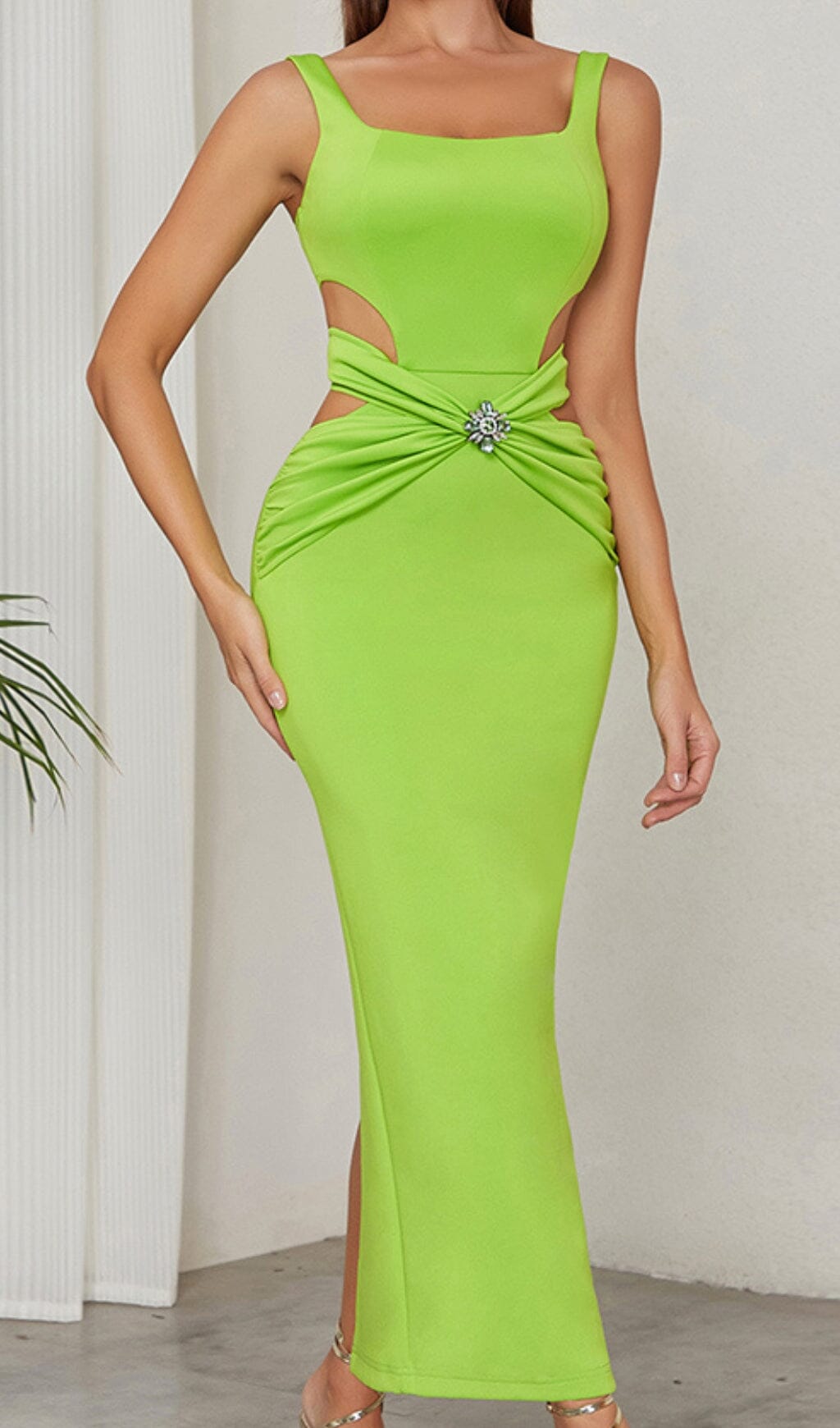 Cut Out Split Midi Dress In Lime Oh Cici Women Polyester Fashion Modern Sequins Backless Mini