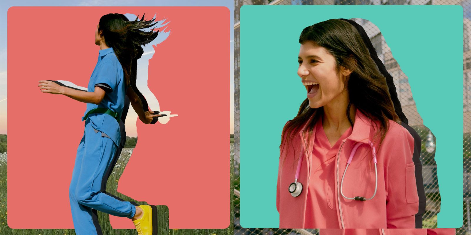 Split-image of a woman in scrubs running and another smiling in a medical coat.