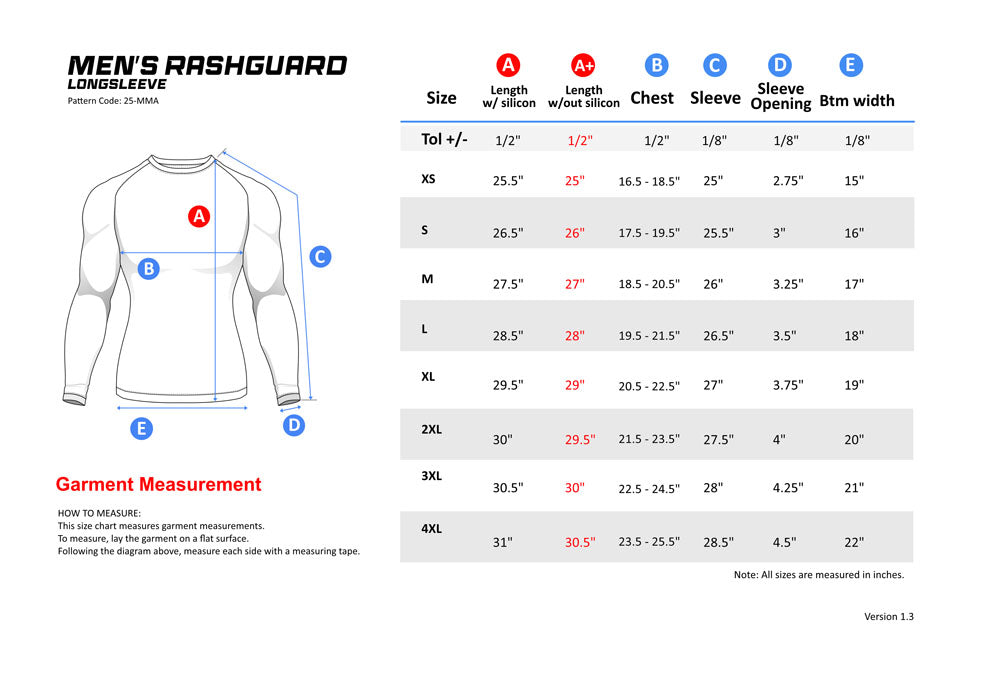 Premium BJJ Rash Guard Size Chart