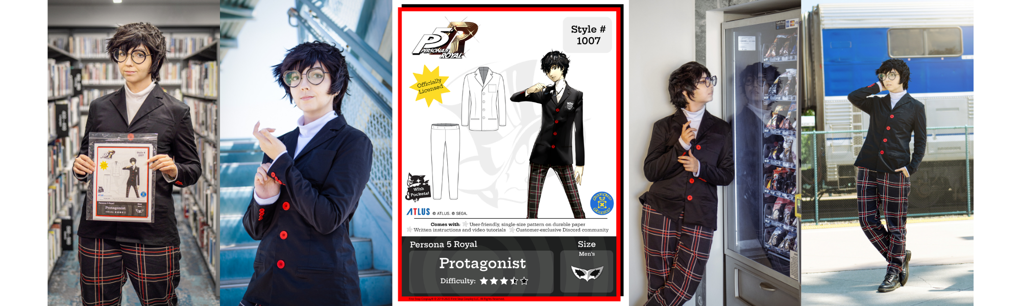 Persona 5 Royal Protagonist sewing pattern collage featuring packaging and modeled Protagonist cosplay.