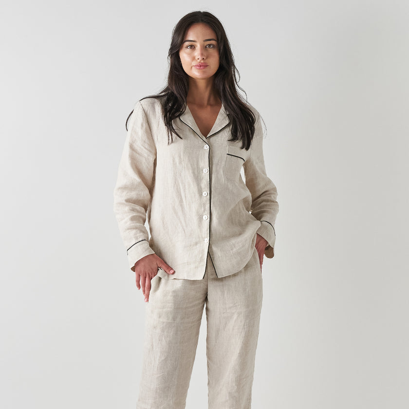 French Flax Linen Pyjama Set in Beige Gingham – I Love Linen