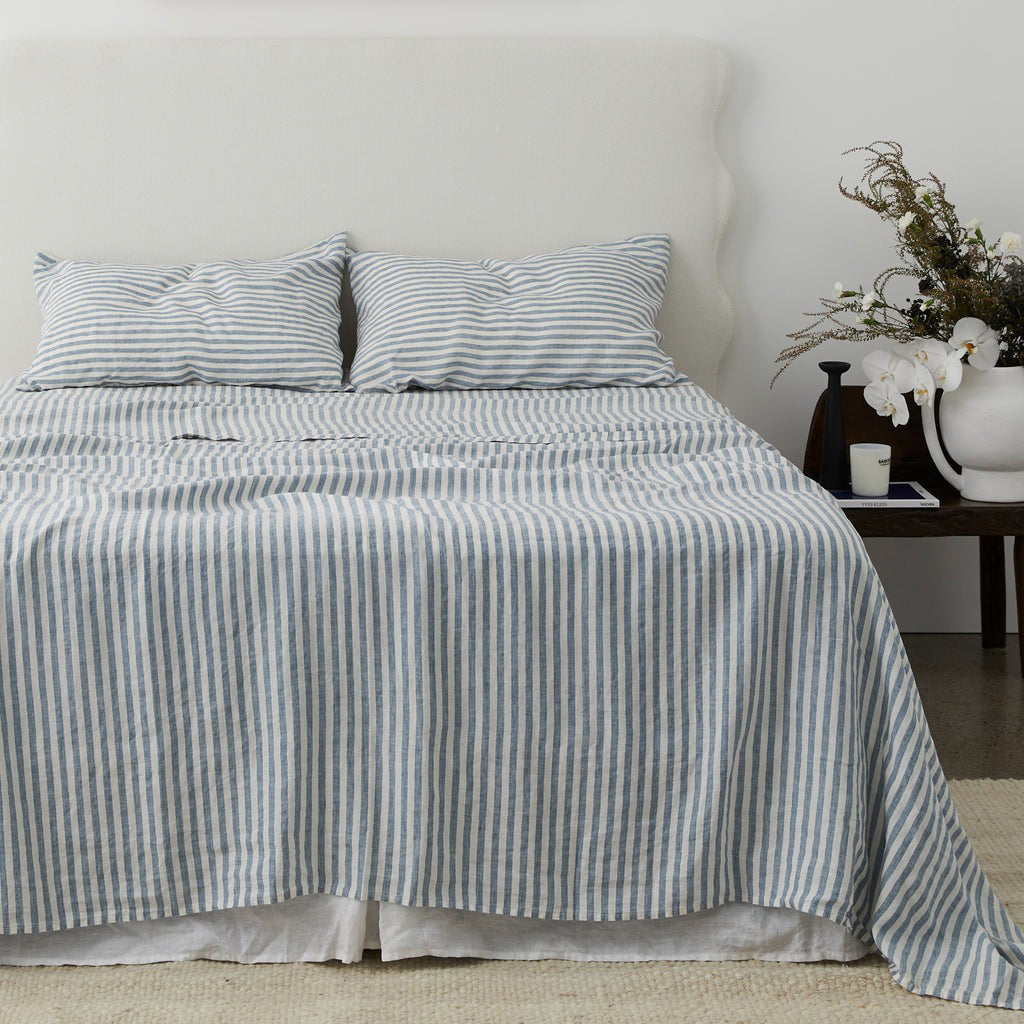 French Flax Linen Sheet Set in Marine Blue Stripe - I Love Linen product image