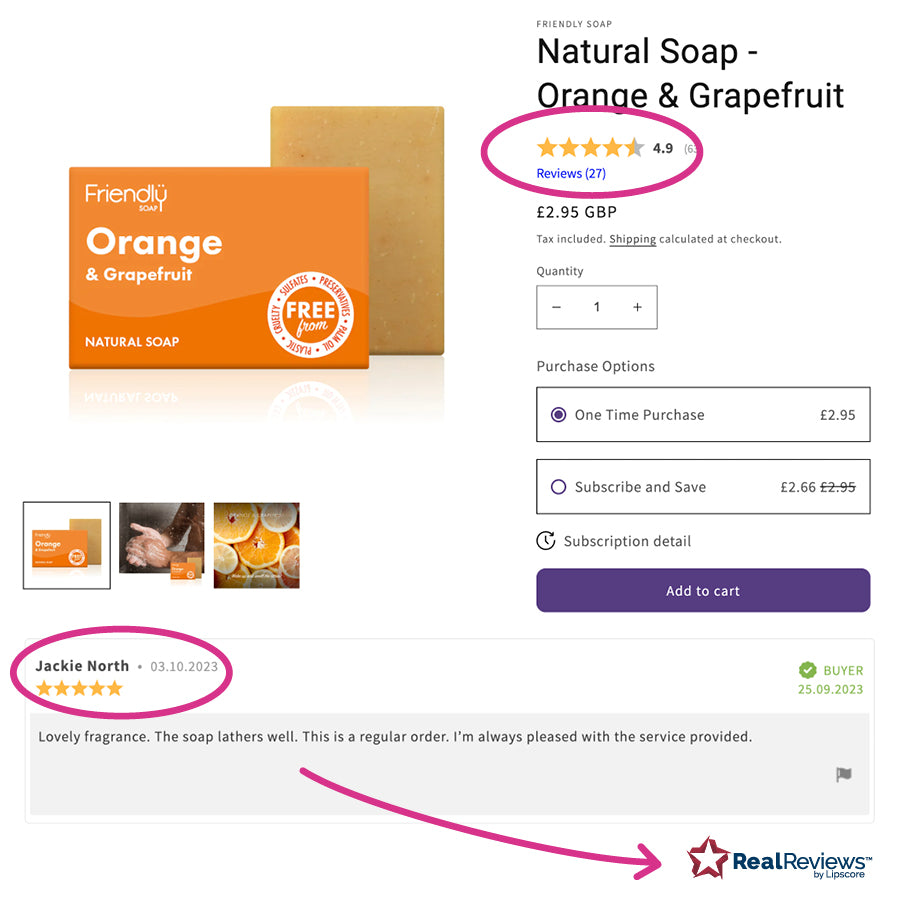 screen shot of a friendly soap bar showing a genuine review collected after a purchase by Lip Score