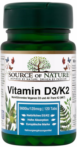 Vitamin D3 + K2 | 5500iu D3 + 125mcg K2 | 120 Tablets | 2-Year Supply | Source of Nature