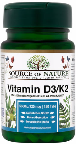 Vitamina D3 + K2 | 5500iu D3 + 125mcg K2 | 120 Compresse | Fornitura per 2 anni | Source of Nature