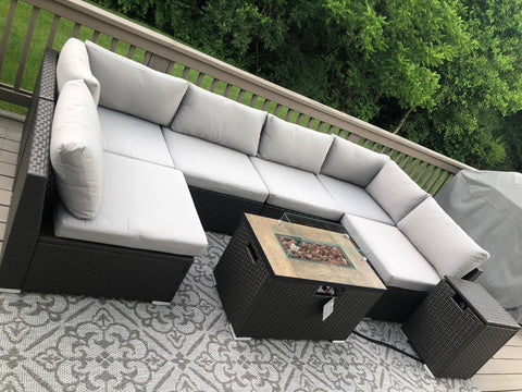 white outdoor furniture set with fire pit