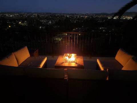 outdoor furniture with fire pit night