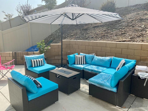 outdoor blue turquoise modern patio furniture set with fire pit