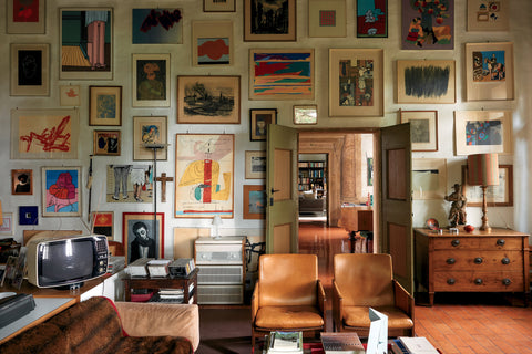 A collection of modern art is displayed in the study of Aldo Businaro’s Palladian-style villa