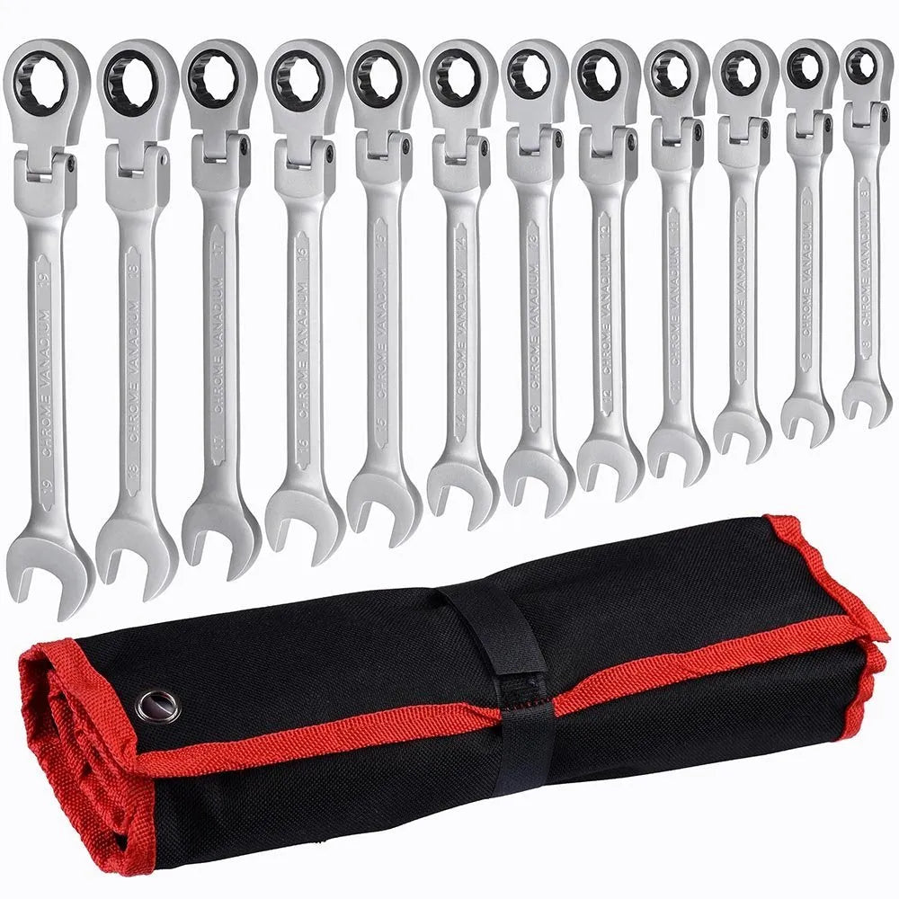 Flex Head Ratcheting Wrench Set,Combination Ended Spanner kits, Chrome Vanadium Steel Hand Tools Socket Key Ratchet Wrench set
