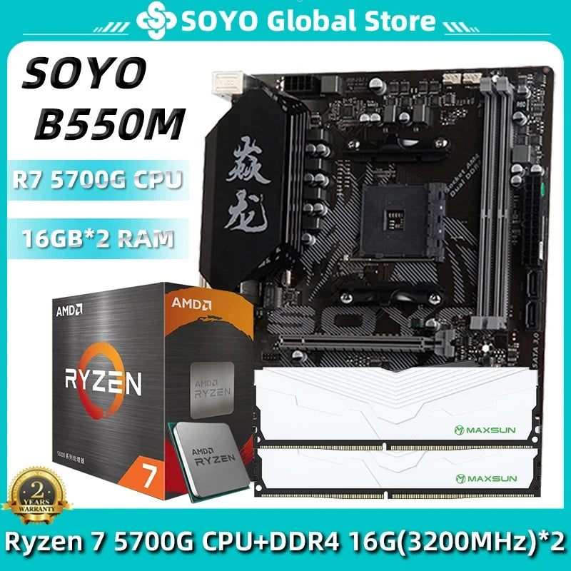 SOYO B550M Motherboard Kit And Memory Processor With Ryzen 7 5700G CPU&DDR4 16GB×2=32G 3200MHz Dual-Channel RAM Computer Combo