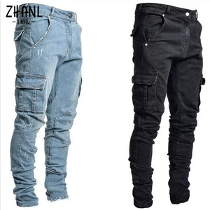 Jeans Men Pants Wash Solid Color Multi Pockets Denim Mid Waist Cargo Jeans Plus Size Fahsion Casual Trousers Male Daily Wear - CaNc Store