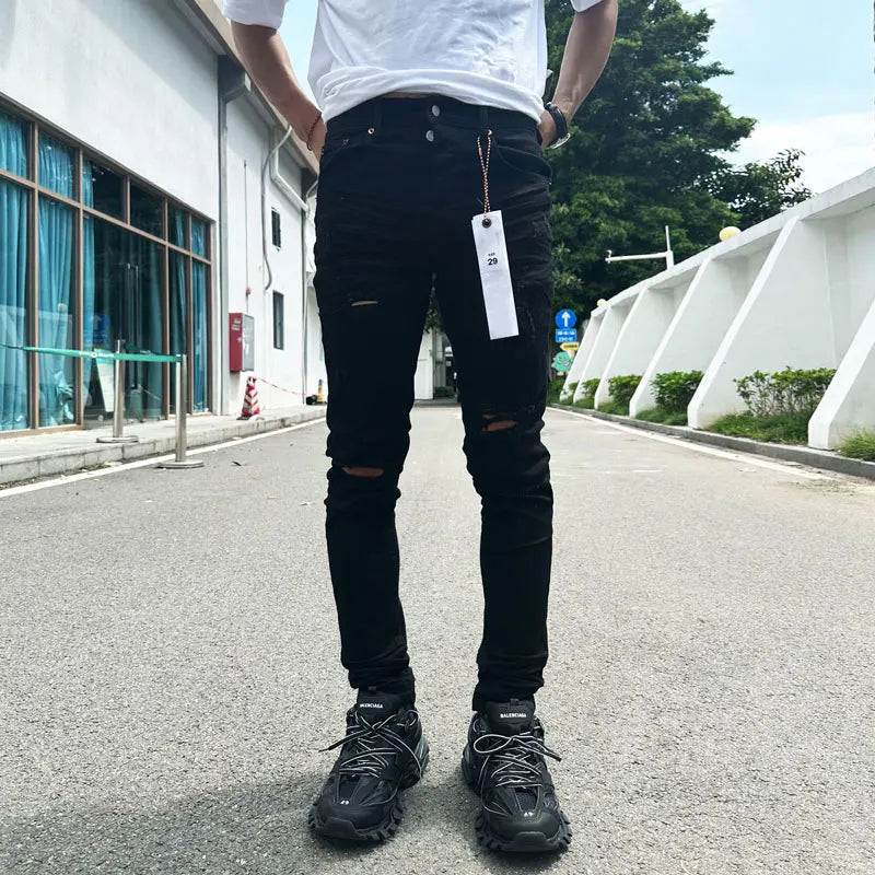 Street Fashion Designer Purple Jeans Men Buttons Fly Black Stretch Elastic Skinny Ripped Jeans Buttons Fly Hip Hop Brand Pants