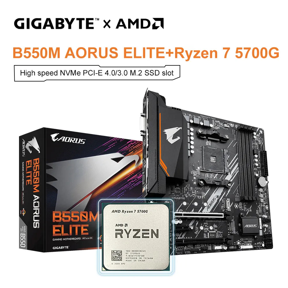 GIGABYTE B550M AORUS ELITE Motherboard + AMD Ryzen 7 5700G R7 5700G CPU Motherboard Set Processor Socket AM4 DDR4 128GB Desktop