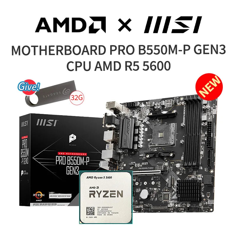 New MSI PRO B550M-P GEN3 Motherboard + AMD R5 5600 CPU Suit Socket AM4 Without Fan