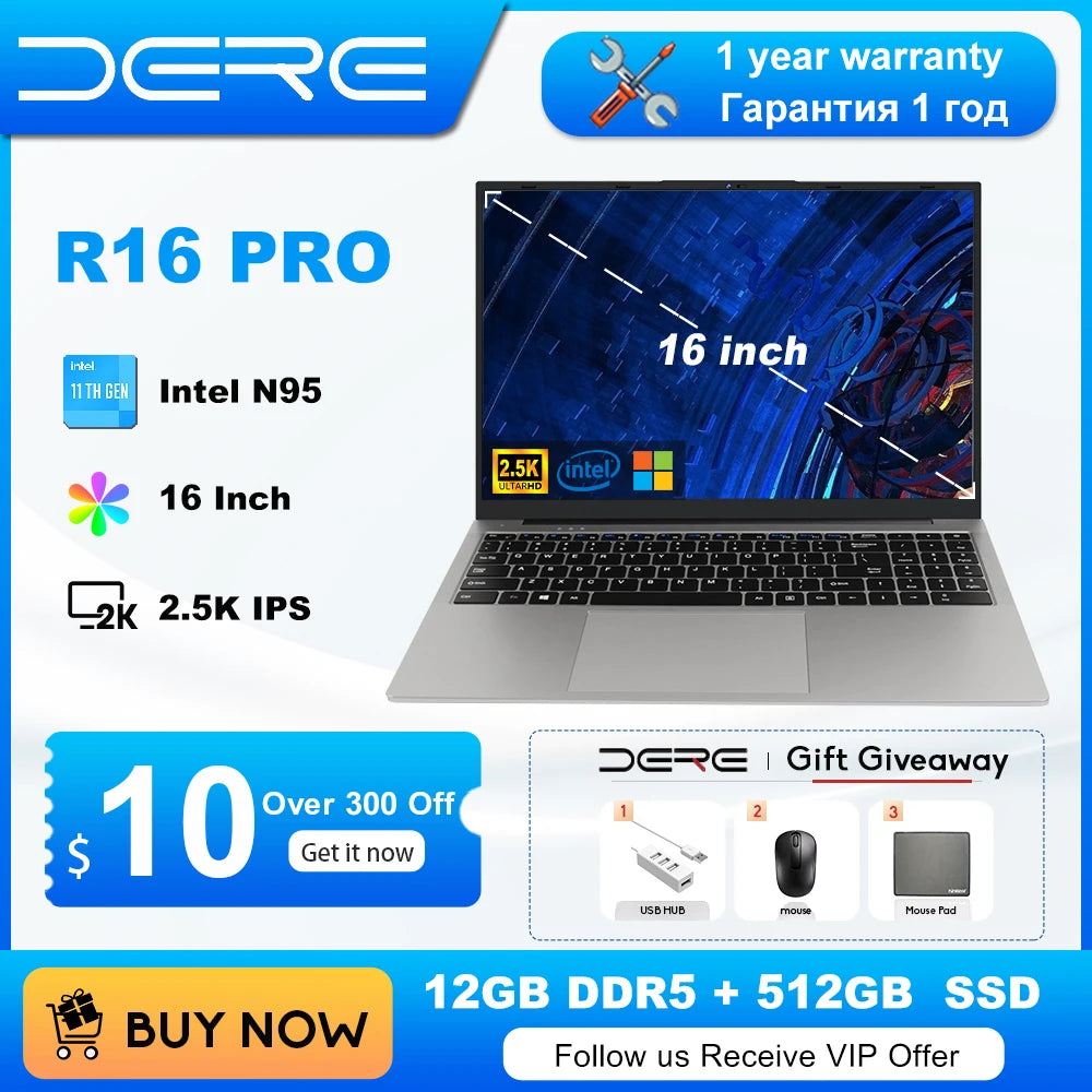 DERE Laptops R16 Pro 16" 2.5K IPS Ultra HD 12th Gen Intel N95 Processor 3.4Ghz 12GB DDR5+512GB SSD Windows 11 Ultrabook Notebook