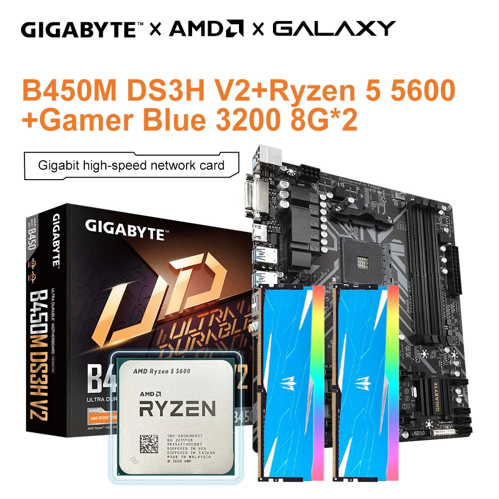 Gigabyte New B450M DS3H V2 Motherboard + AMD New Ryzen 5 5600 R5 5600 CPU Processor Socket AM4 + GALAXY 8G 3200 8G*2 RAM mATX