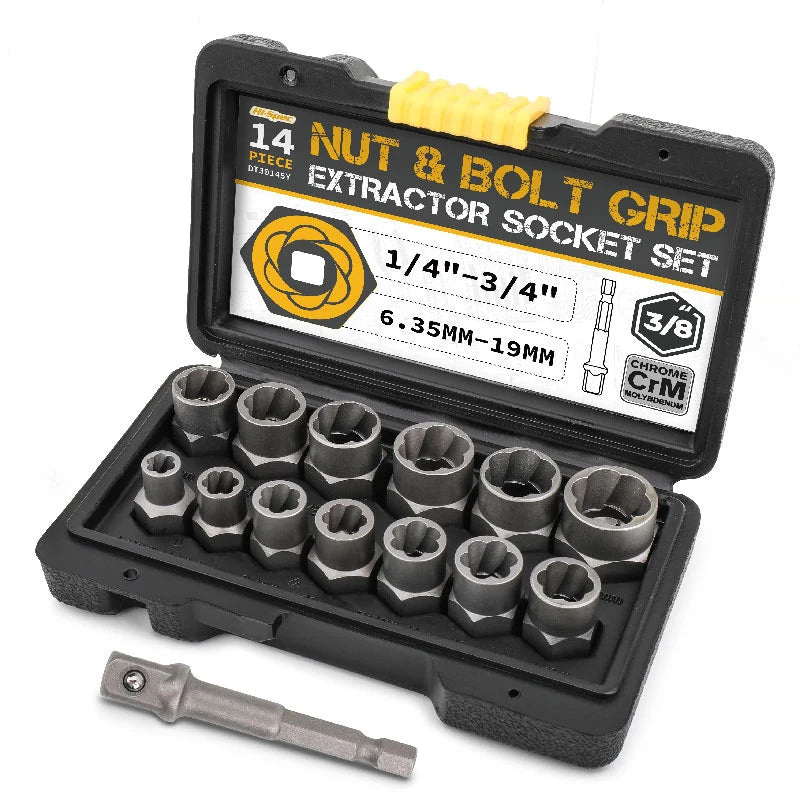 Hi-Spec 14pc Damaged Screw Extractor Cr-Mo Steel Bolt Nut Remover Car Tool Kit Hand Tools Kit 6.35 -19m in Tool Box