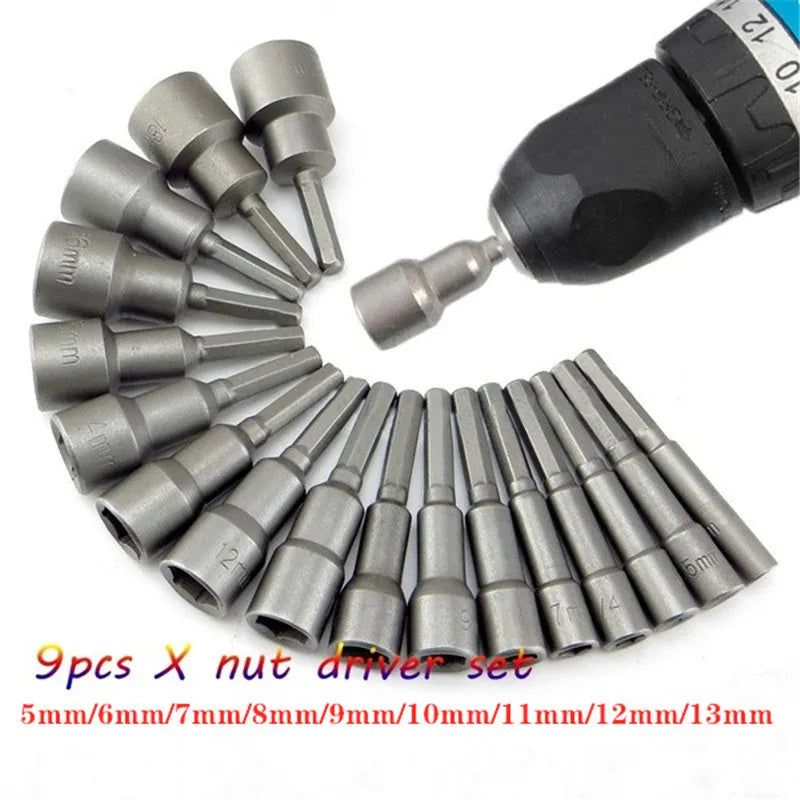 9pcs/set 5mm-13mm Hex Socket Sleeve Nozzles Nut Driver Set for Power Drills Impact Drivers Power Screwdriver Handle Tools
