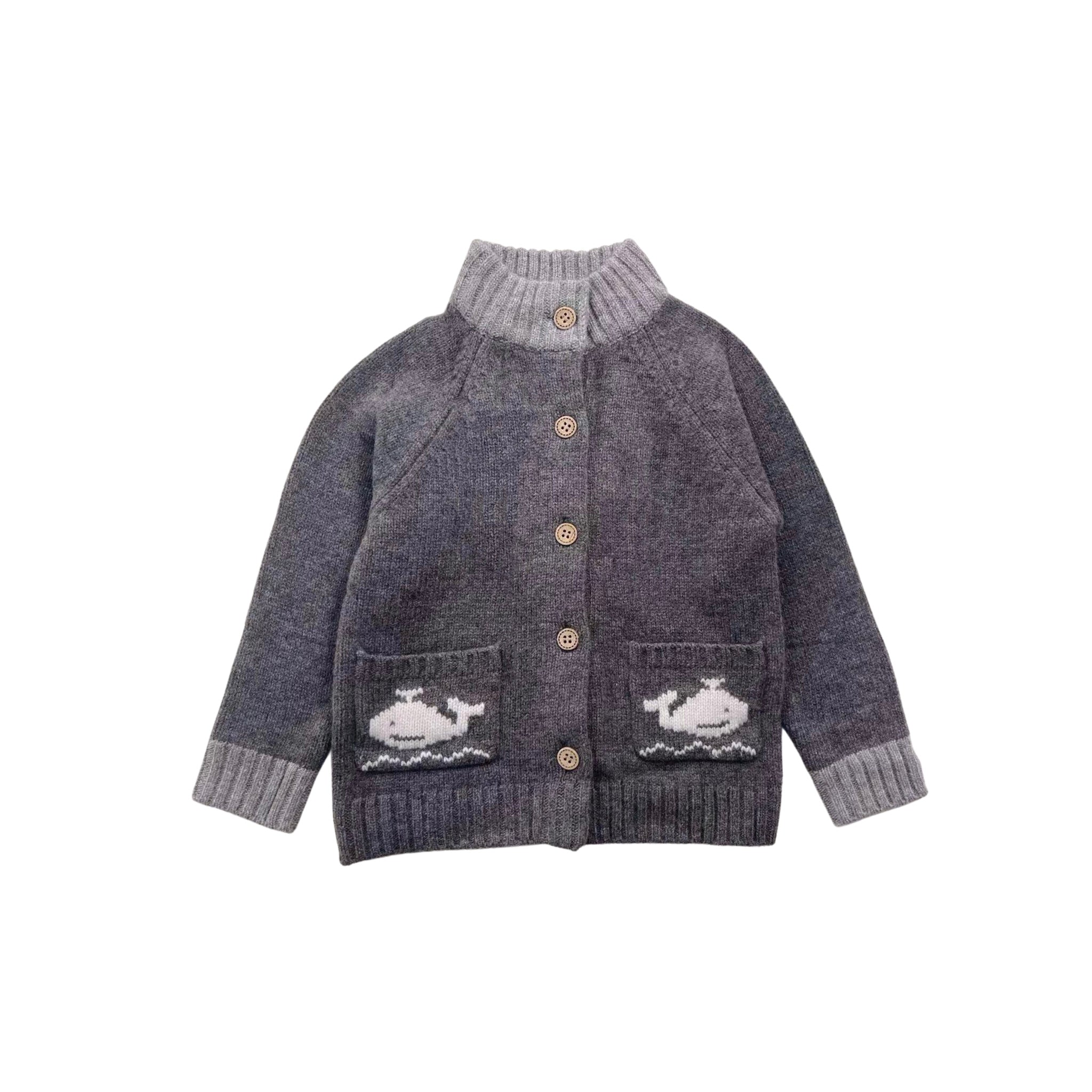 image for Toddler Merino Wool Cardigan-Grey Whale