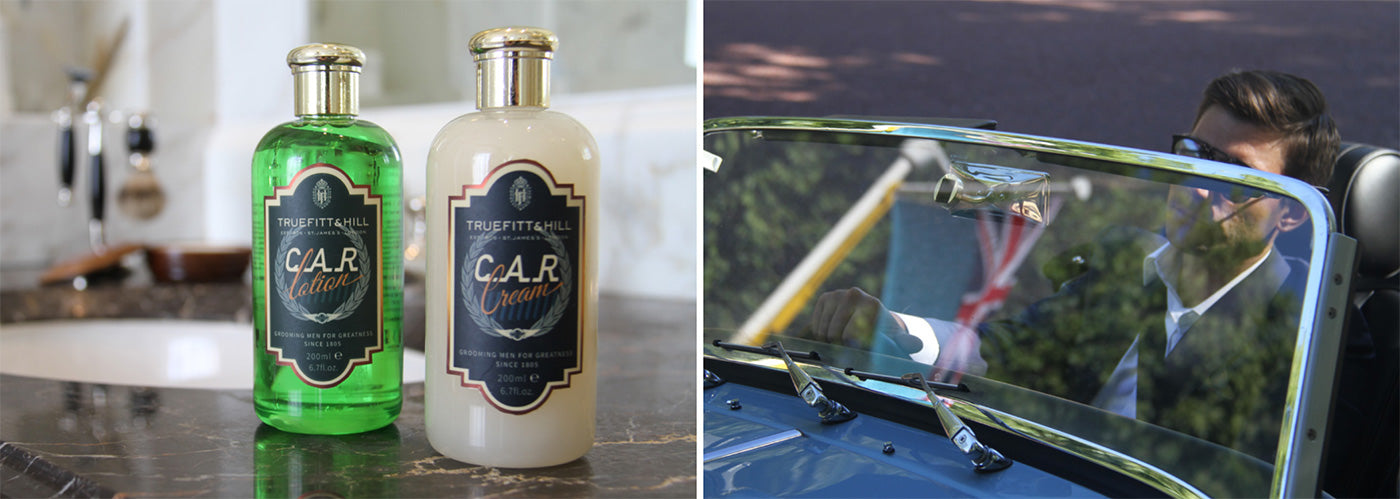 Split image. On the left is a bottle of C.A.R. Lotion and C.A.R. Cream. On the right is a man driving a Morgan Motor convertible.