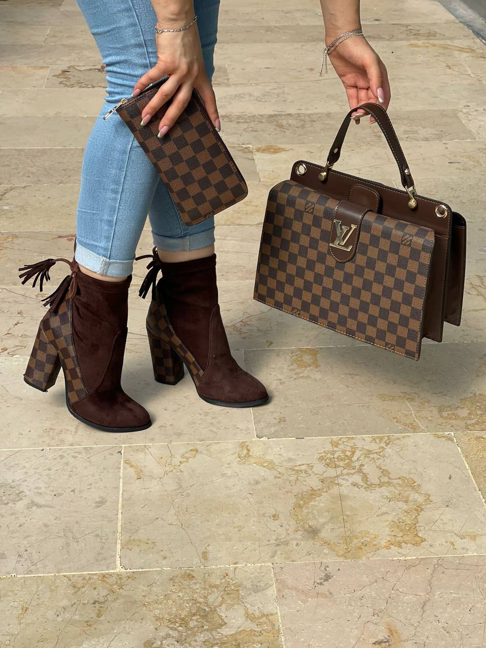 Louis Vuitton 3 Pcs Damier Ebene Set – Bag, Boots and Wallet