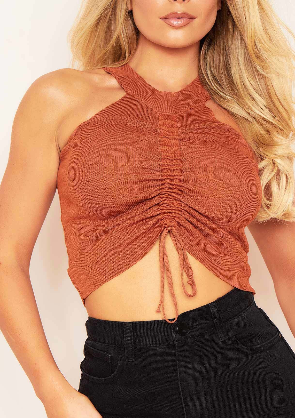 Aimee Rust High Neck Ruched Crop Top