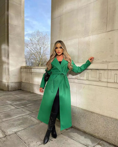 model wearing layla green coat from Missy Empire