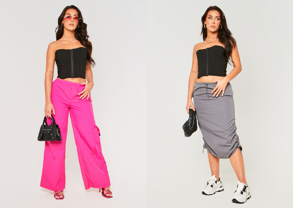 Models in Missy Empire cargo skirt and cargo trousers
