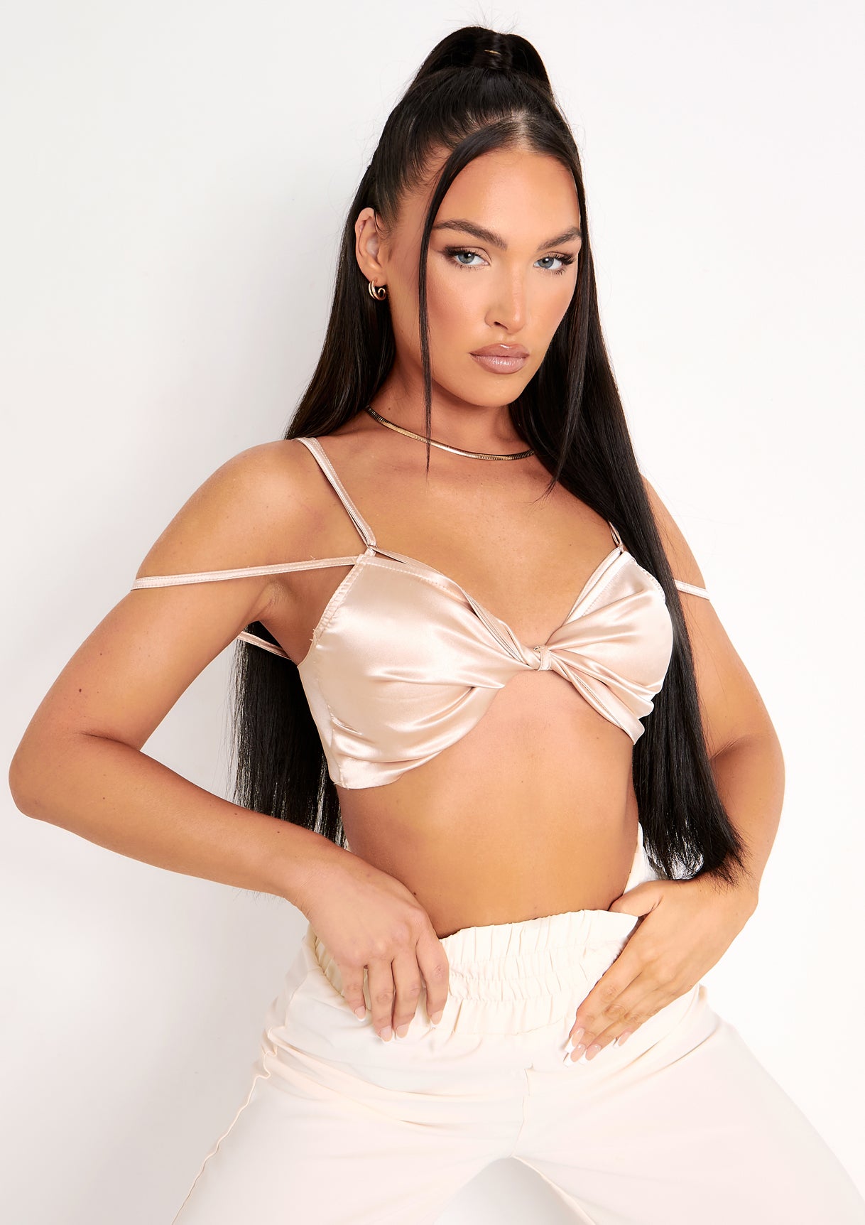 Alessia Taupe Strap Detail Twist Front Satin Bralet Crop Top