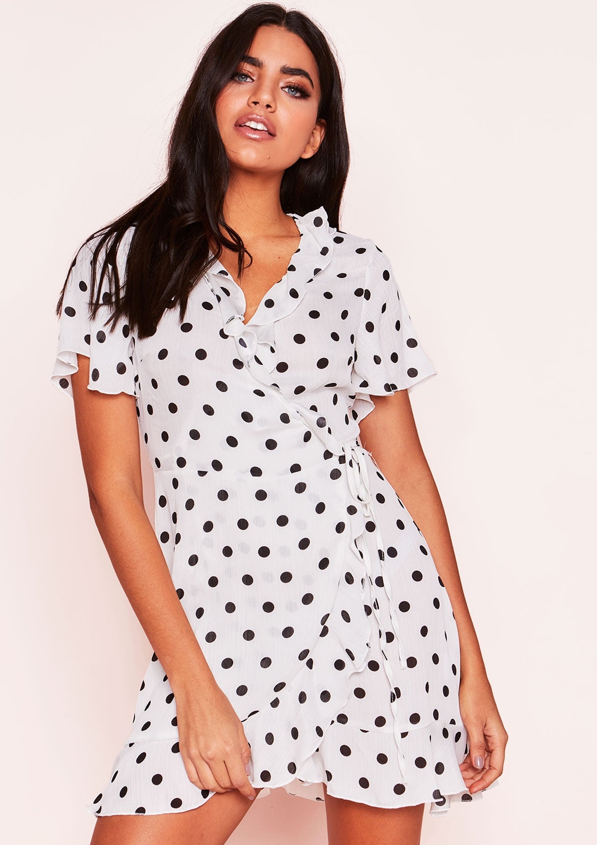 Isabella White Polkadot Wrap Frill Dress