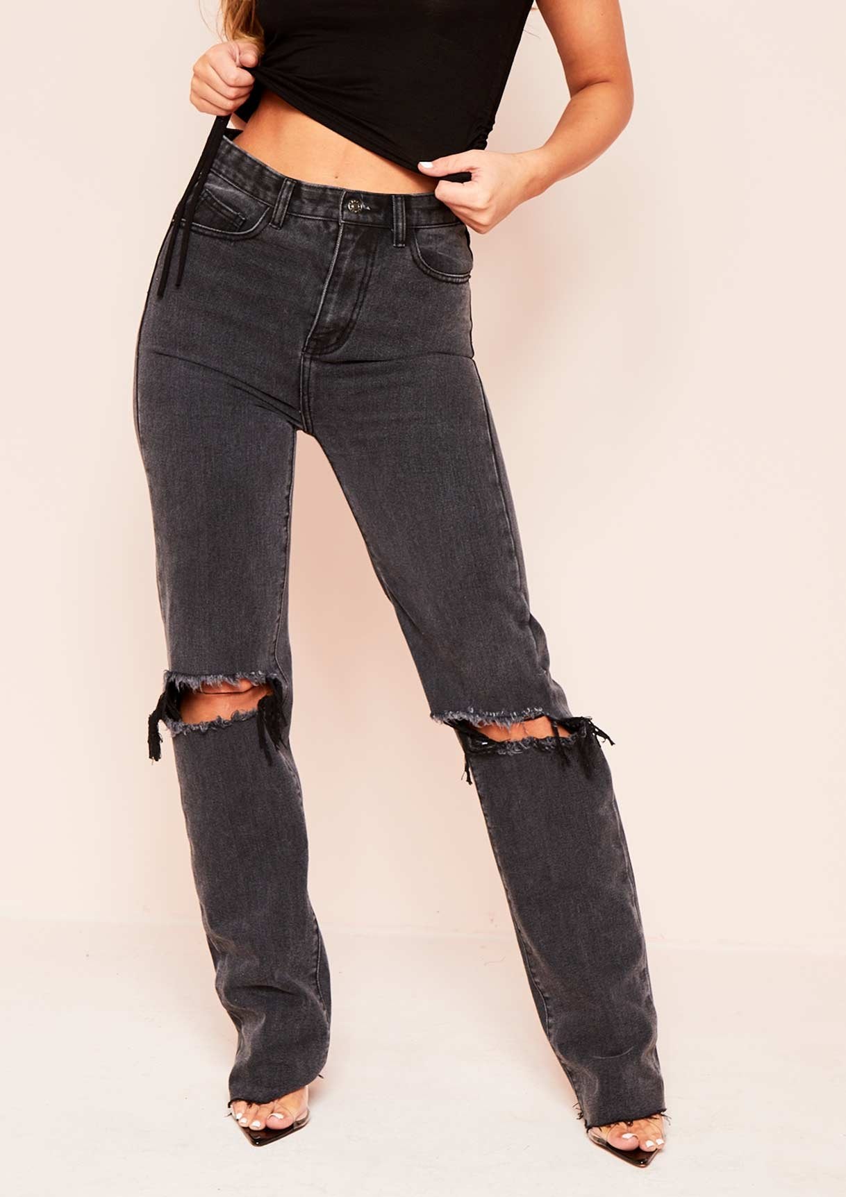 Elif Black Denim Ripped Knee Distressed Hem Straight Leg Jeans