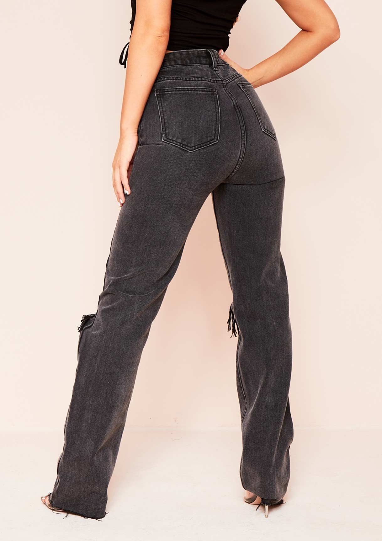 Elif Black Denim Ripped Knee Distressed Hem Straight Leg Jeans