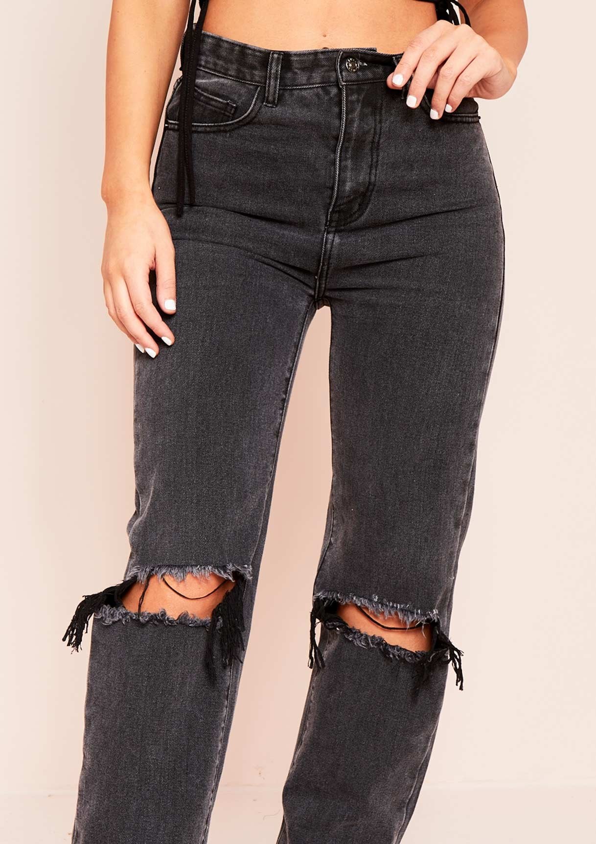 Elif Black Denim Ripped Knee Distressed Hem Straight Leg Jeans