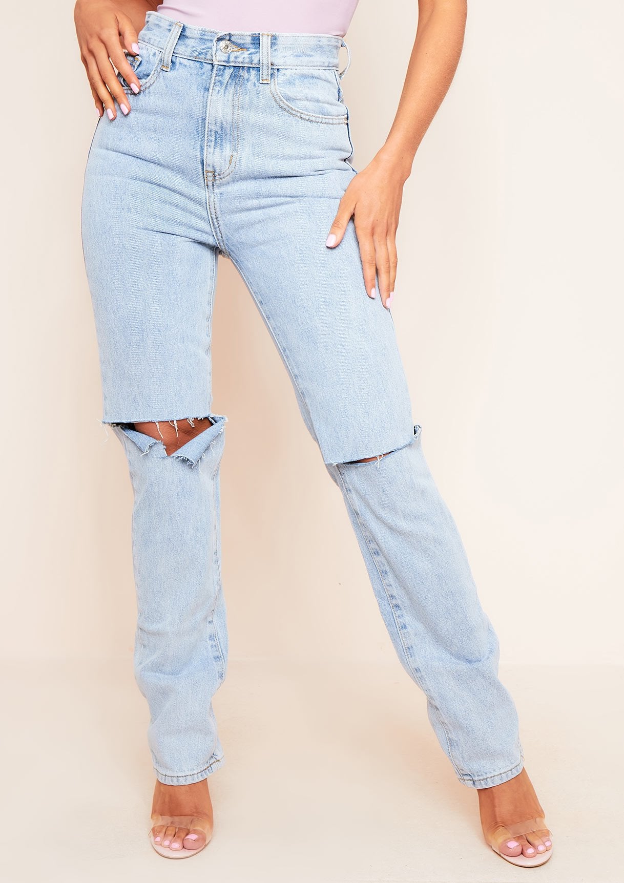 Kady Blue Slashed Knee Straight Leg Jeans