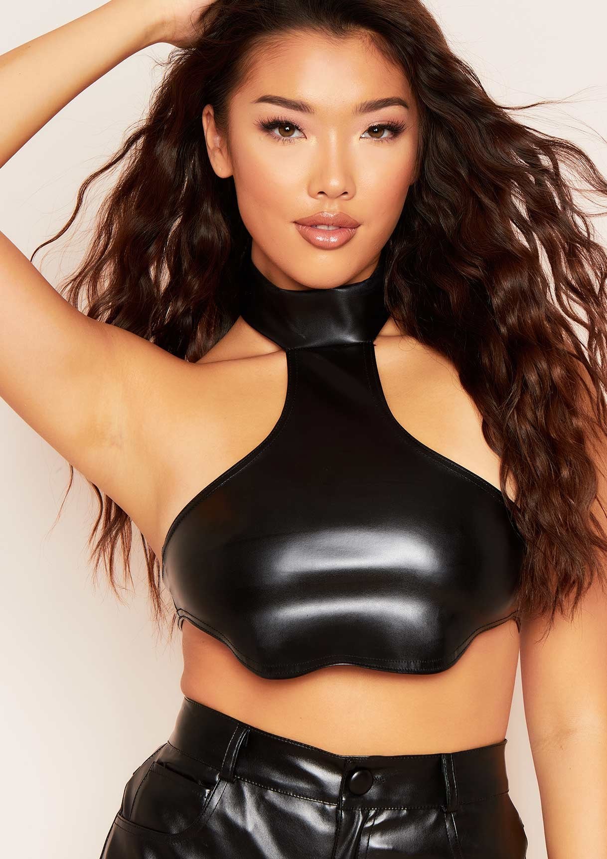 Ivy Black PU Halterneck Curved Hem Crop Top