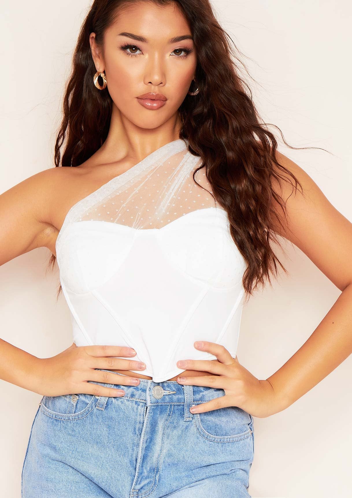 Alia White Draped Mesh Corset Top