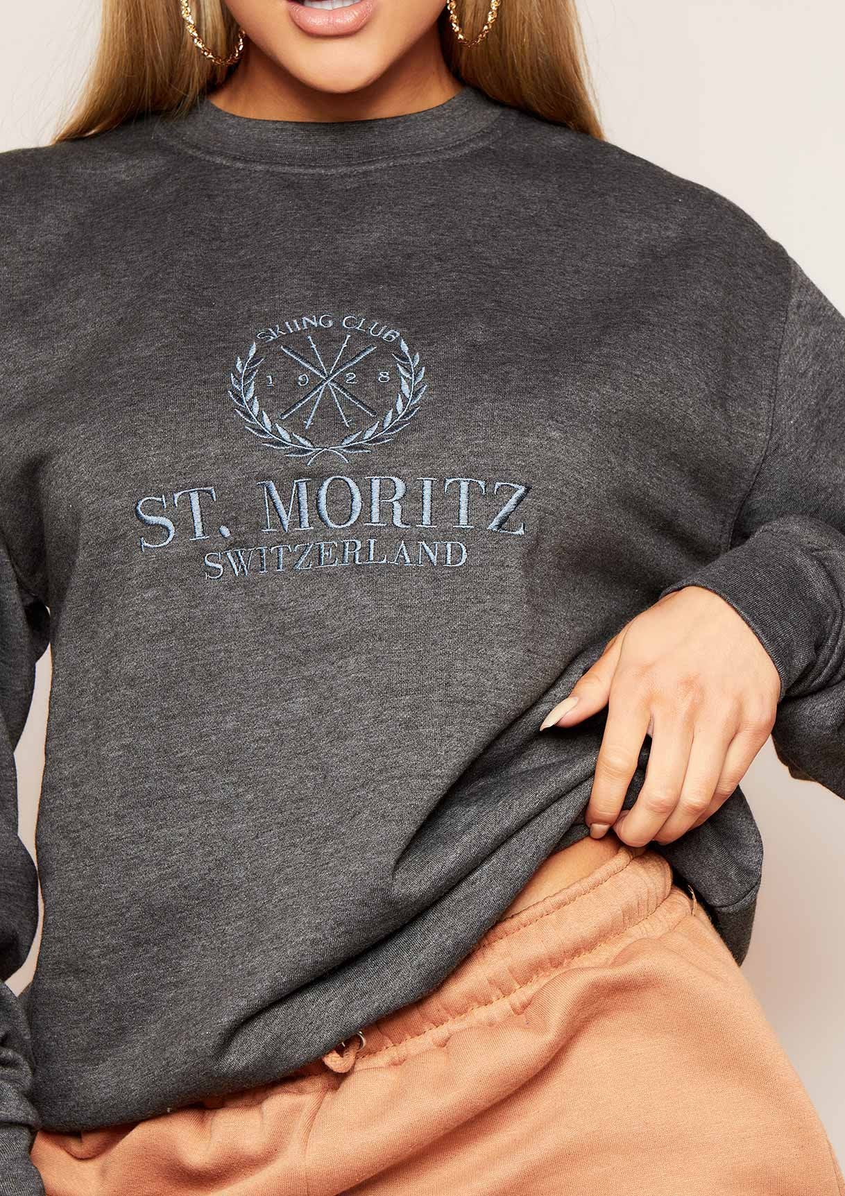 Halyn Charcoal Grey St. Moritz Slogan Oversized Sweatshirt