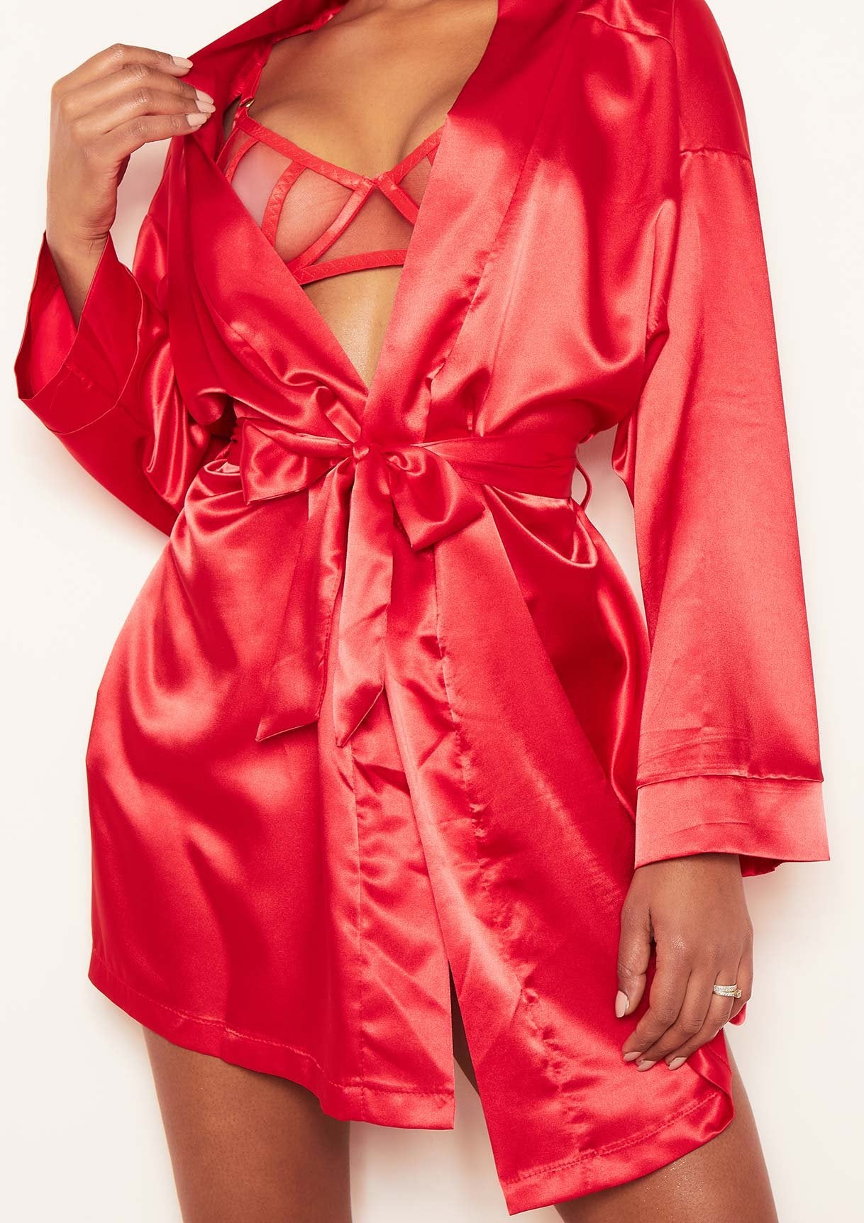 Demi Red Satin Tie Waist Robe