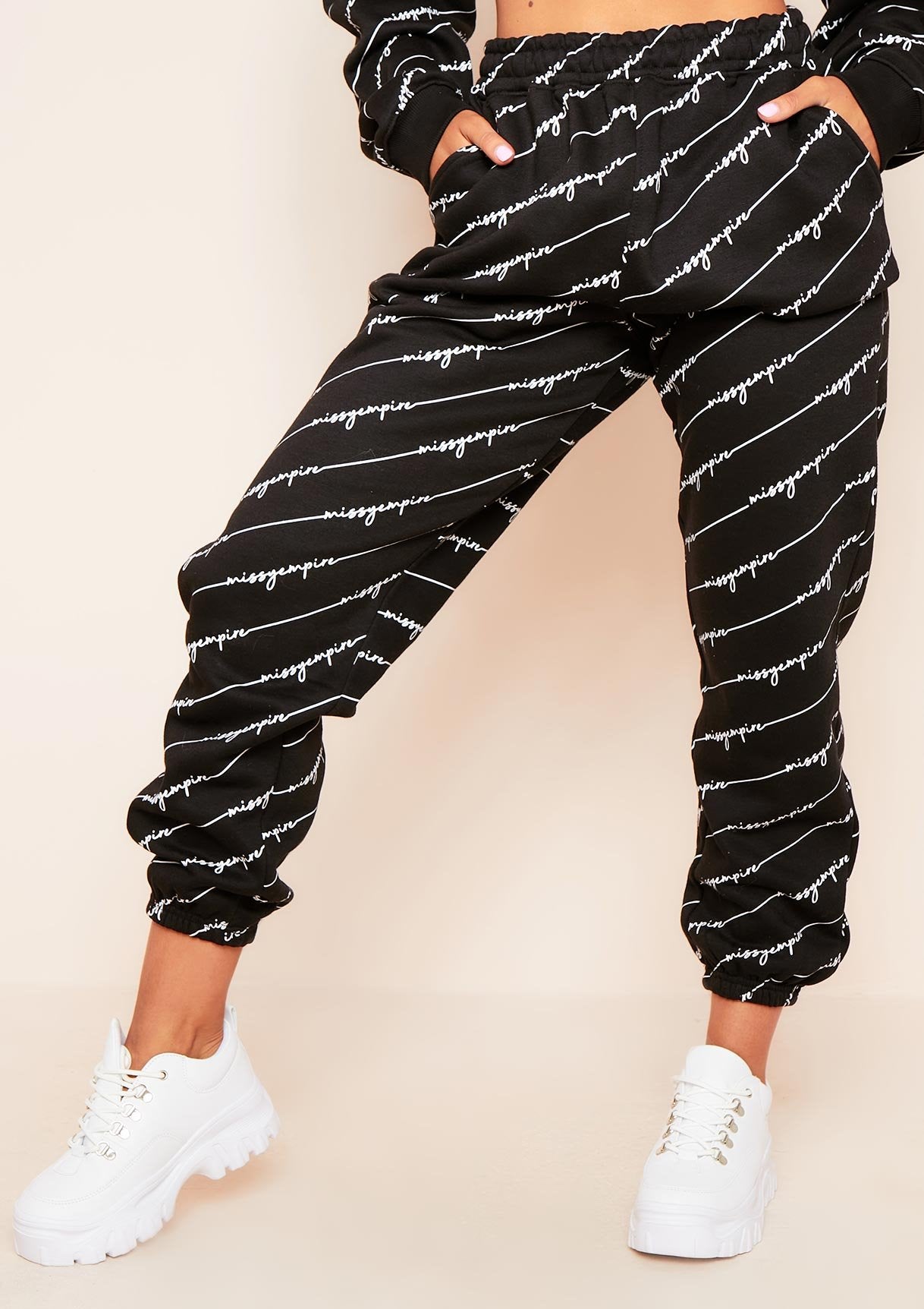 Eliora Black Missy Empire Repetitive Slogan Joggers