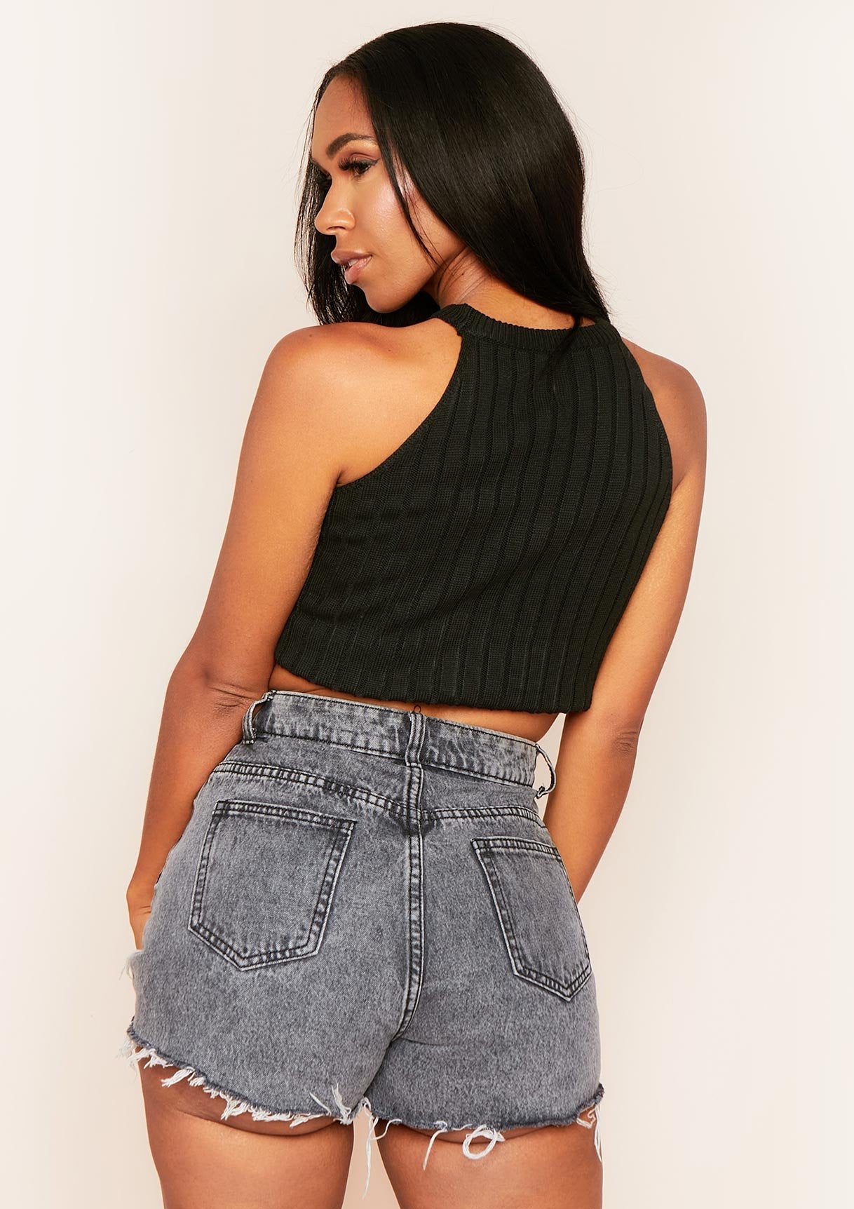 Kacey Black Ribbed Knit Sleeveless Crop Top