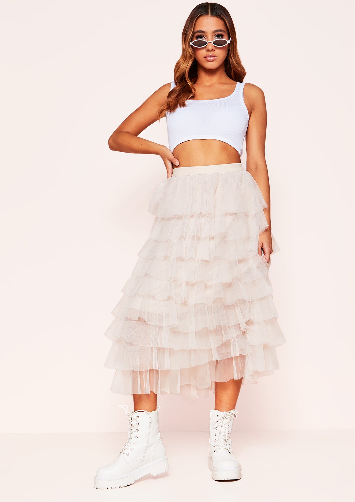 Allie Beige Mesh Layered Midi Skirt