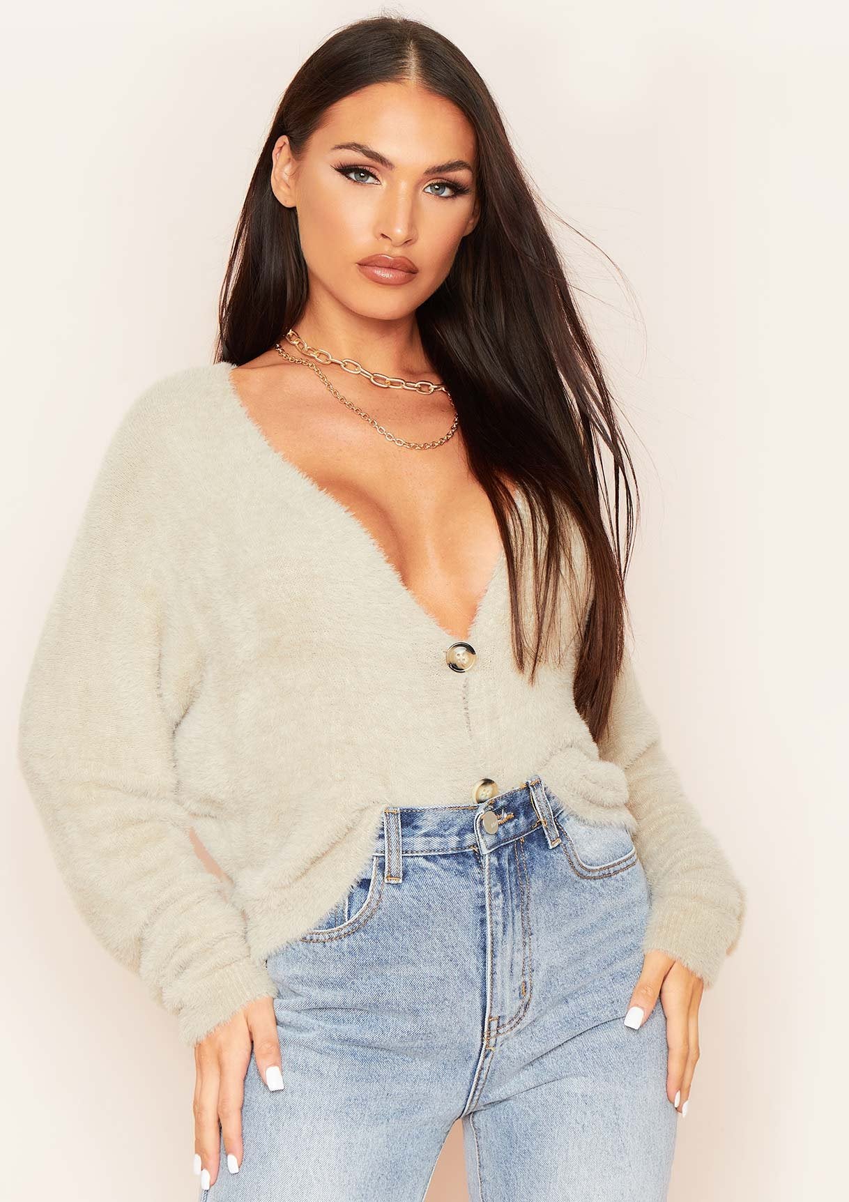 Anna Sage Fluffy Thick Knit Oversized Cropped Cardigan